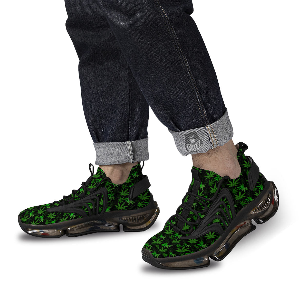Cannabis Leaf Black And Green Print Black Gym Shoes-grizzshop