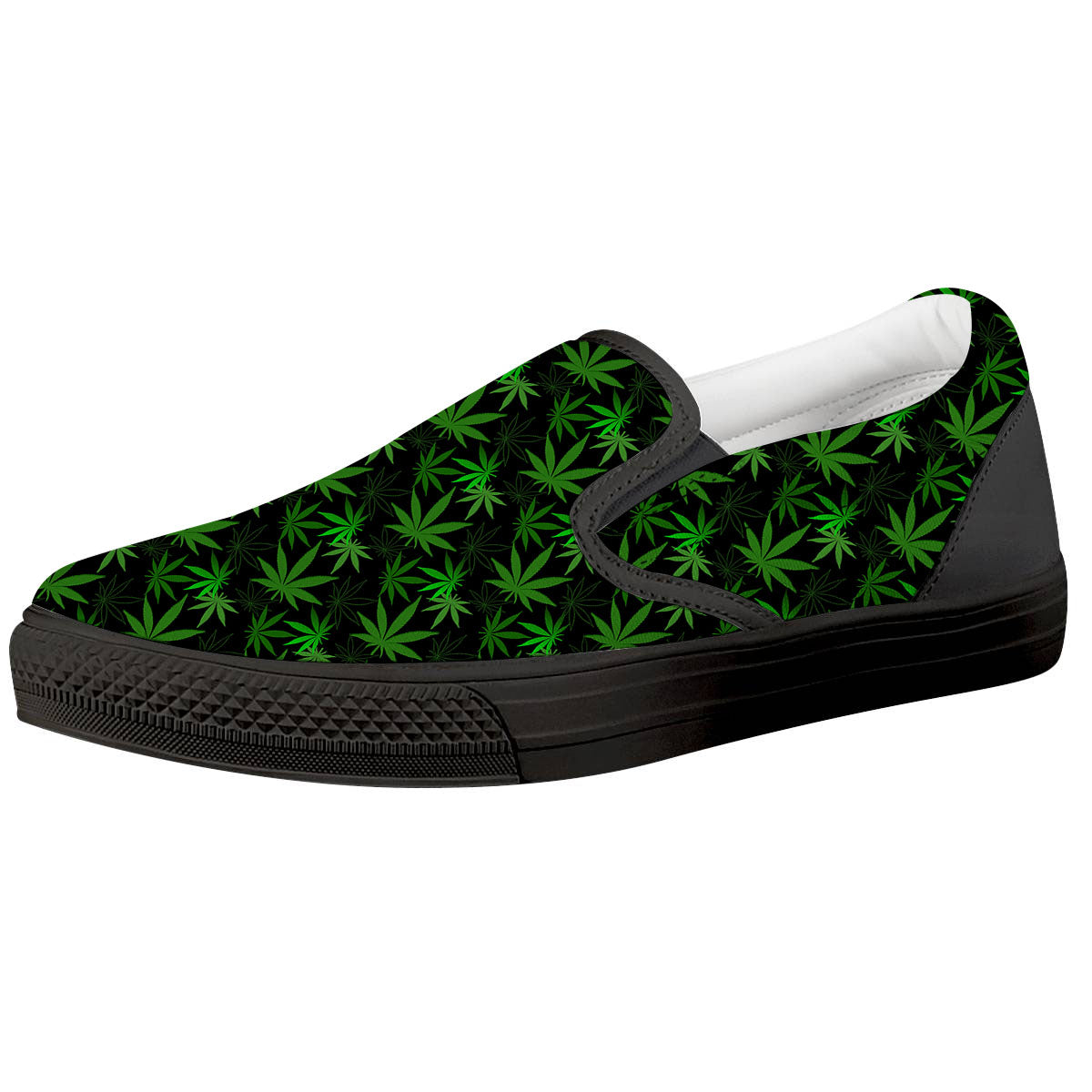 Cannabis Leaf Black And Green Print Black Slip On Shoes-grizzshop
