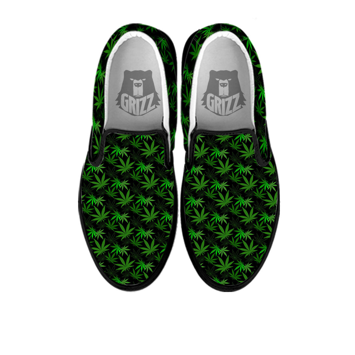 Cannabis Leaf Black And Green Print Black Slip On Shoes-grizzshop
