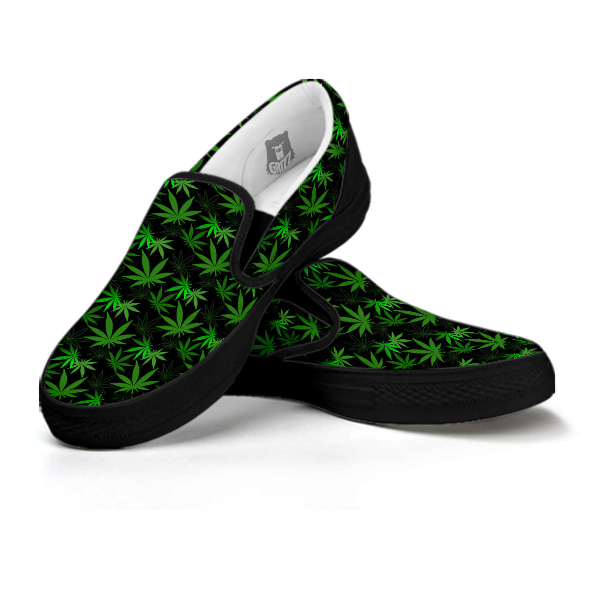 Cannabis Leaf Black And Green Print Black Slip On Shoes-grizzshop