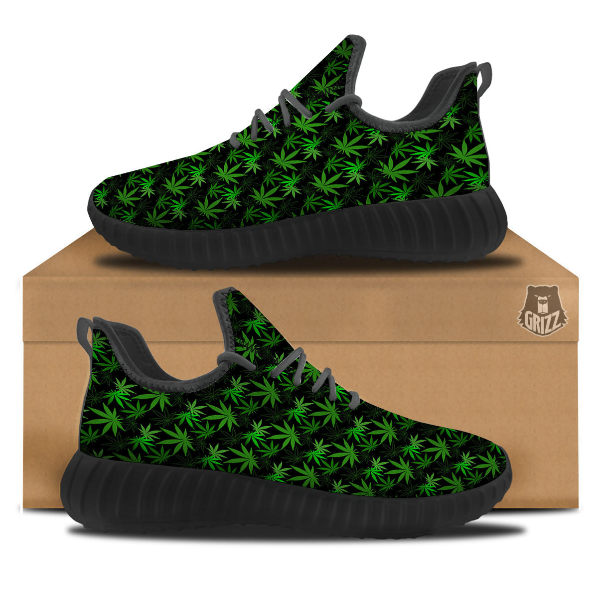 Cannabis Leaf Black And Green Print Black Walking Shoes-grizzshop