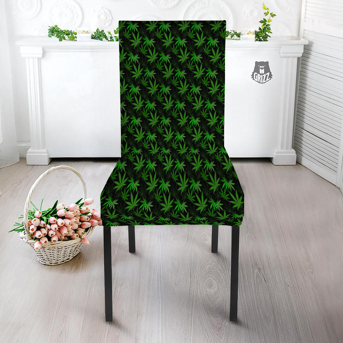 Cannabis Leaf Black And Green Print Dining Chair Slipcover-grizzshop