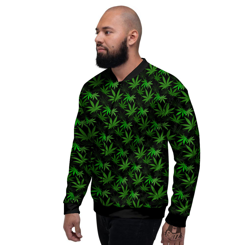 Cannabis Leaf Black And Green Print Men's Bomber Jacket-grizzshop