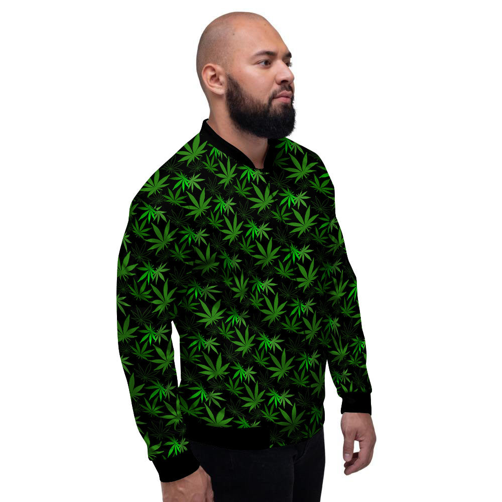 Cannabis Leaf Black And Green Print Men's Bomber Jacket-grizzshop