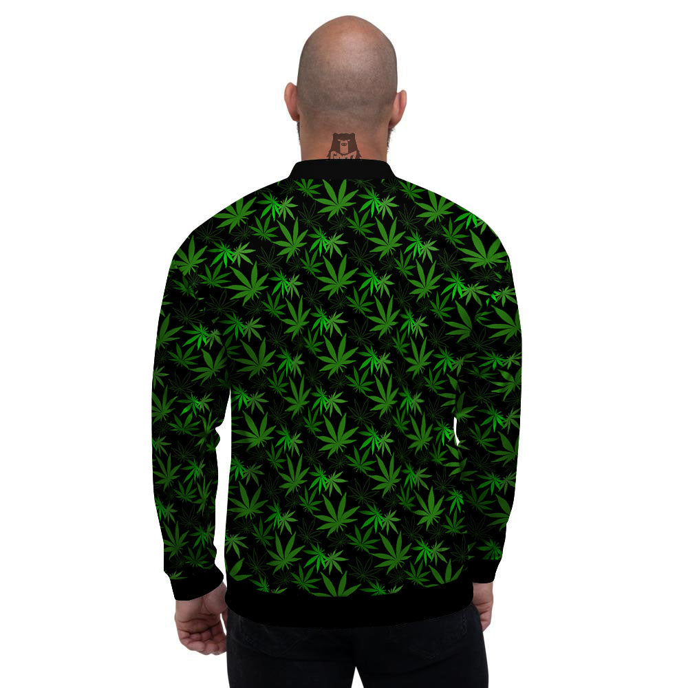 Cannabis Leaf Black And Green Print Men's Bomber Jacket-grizzshop