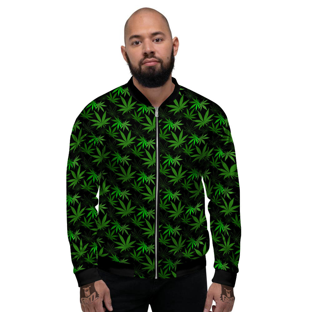 Cannabis Leaf Black And Green Print Men's Bomber Jacket-grizzshop