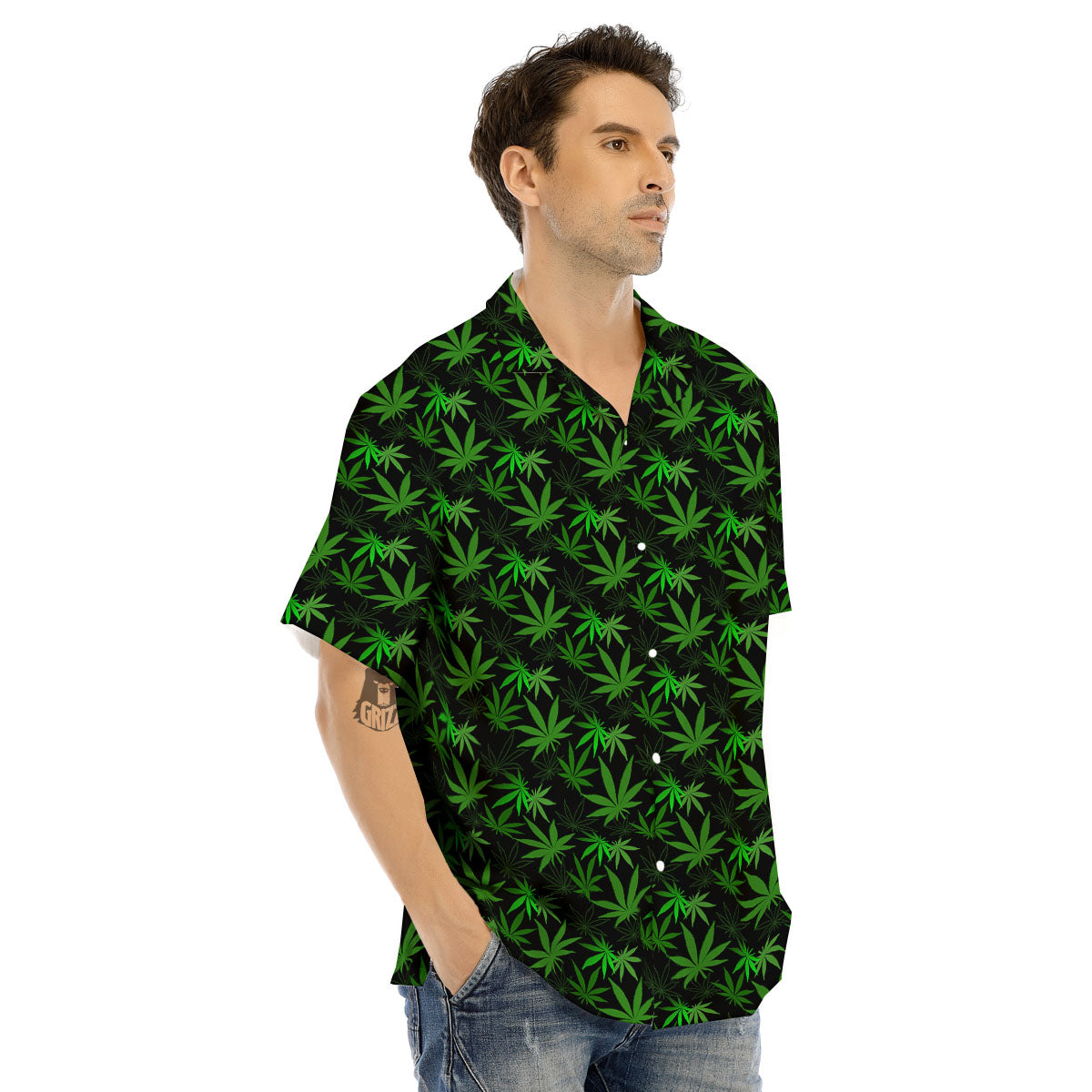 Cannabis Leaf Black And Green Print Men's Hawaiian Shirt-grizzshop