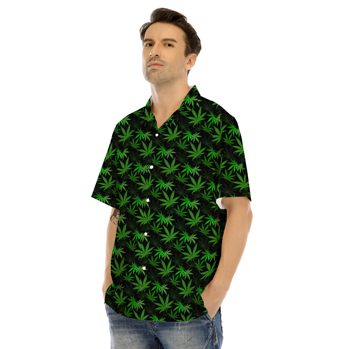 Cannabis Leaf Black And Green Print Men's Hawaiian Shirt-grizzshop