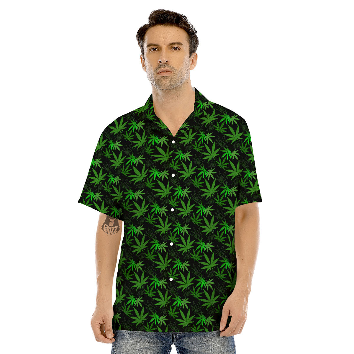 Cannabis Leaf Black And Green Print Men's Hawaiian Shirt-grizzshop