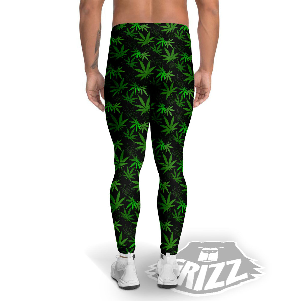 Cannabis Leaf Black And Green Print Men's Leggings-grizzshop
