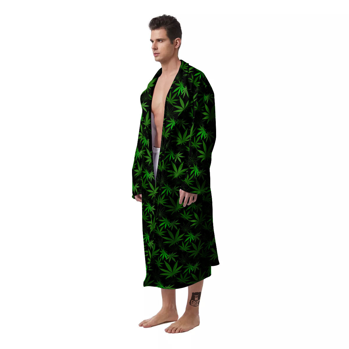 Cannabis Leaf Black And Green Print Men's Robe-grizzshop