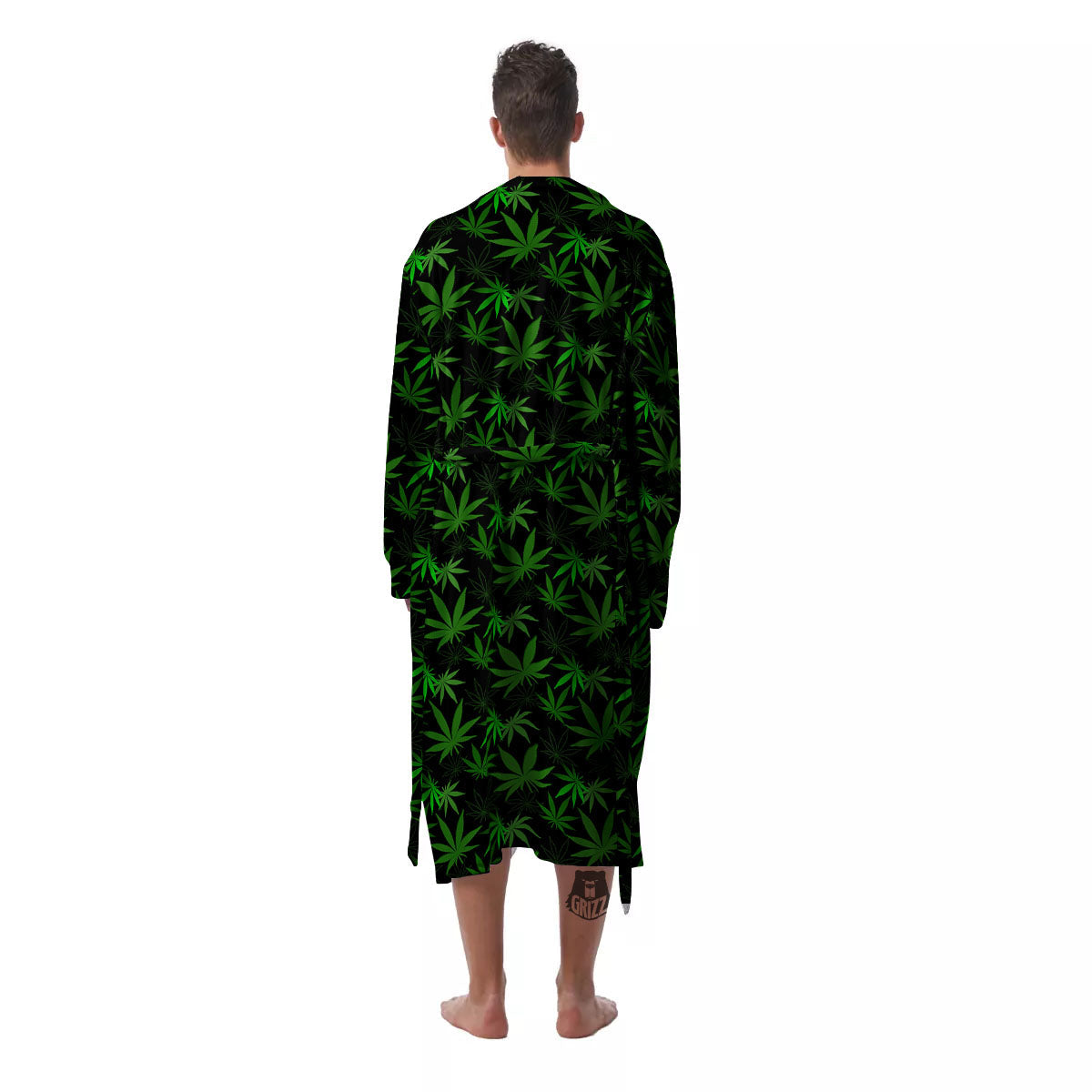 Cannabis Leaf Black And Green Print Men's Robe-grizzshop