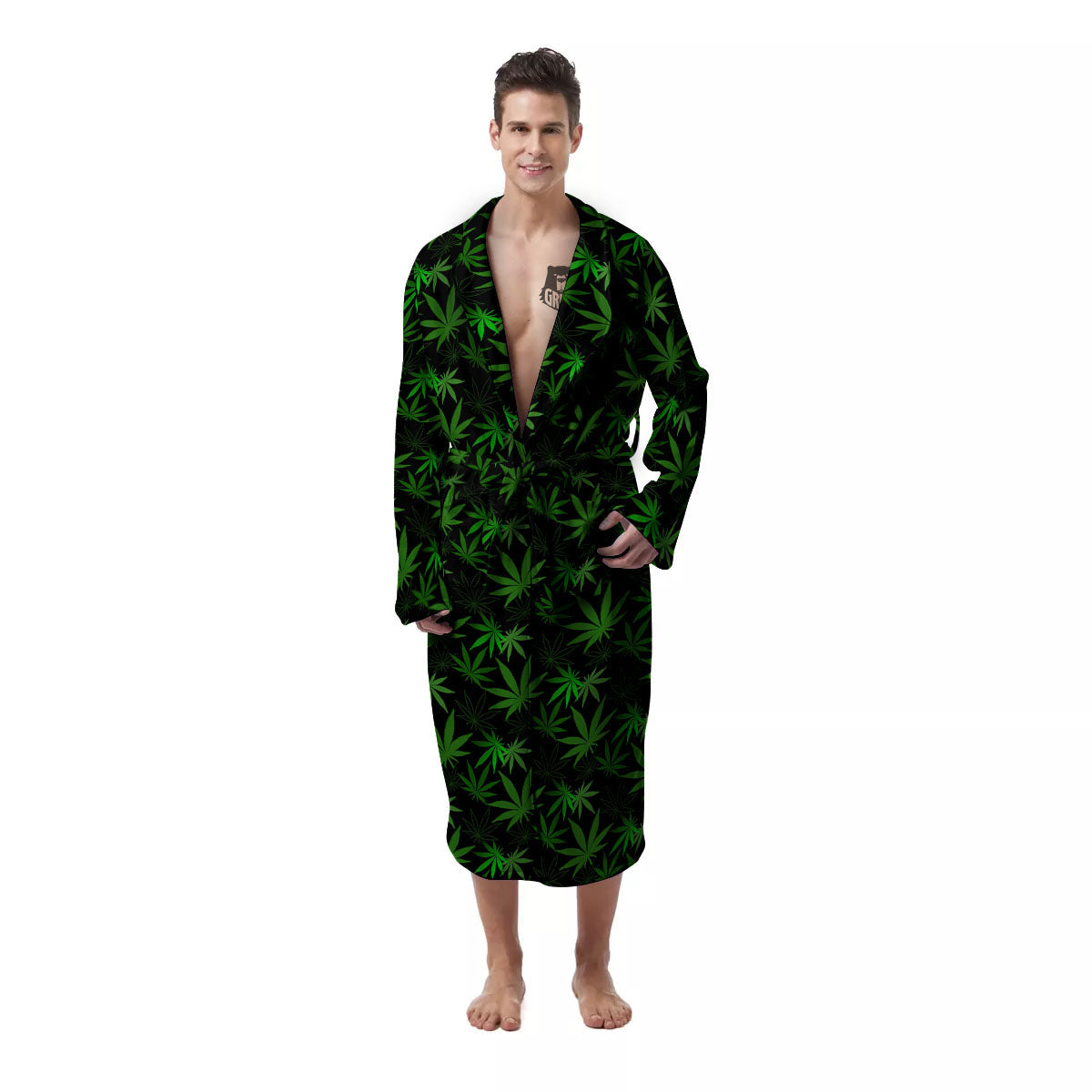 Cannabis Leaf Black And Green Print Men's Robe-grizzshop