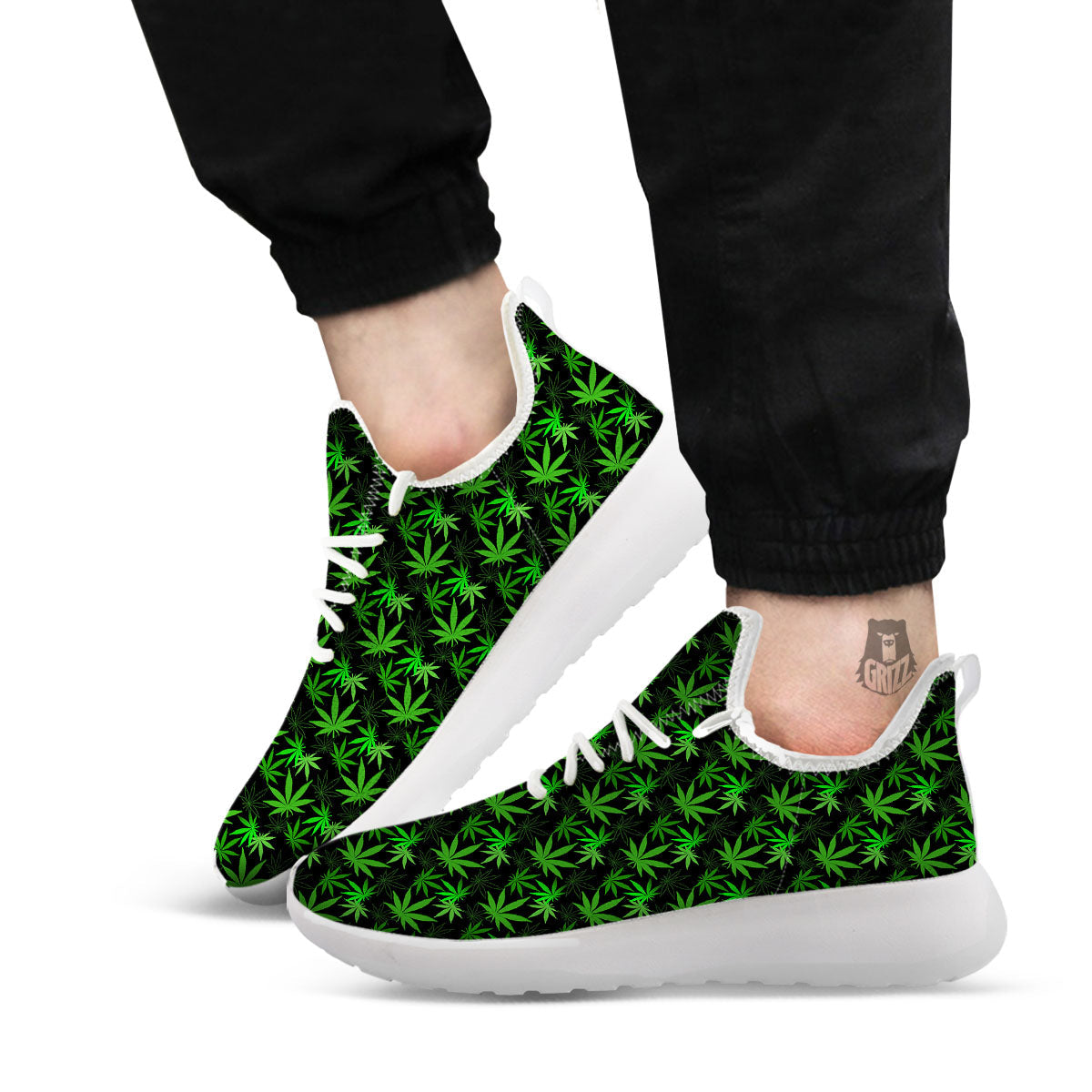 Cannabis Leaf Black And Green Print White Athletic Shoes-grizzshop
