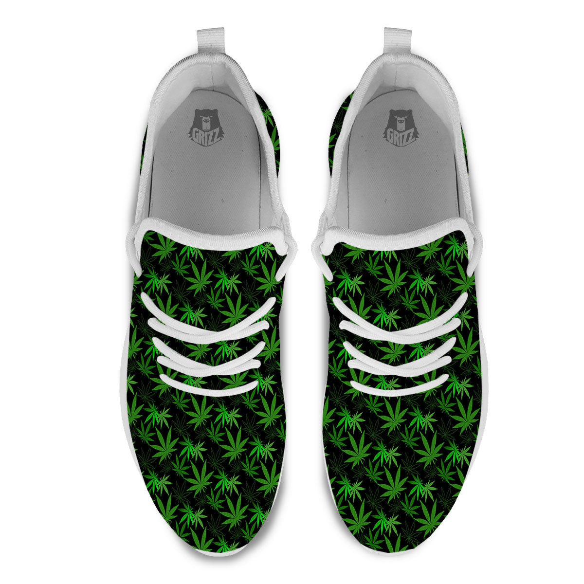 Cannabis Leaf Black And Green Print White Athletic Shoes-grizzshop
