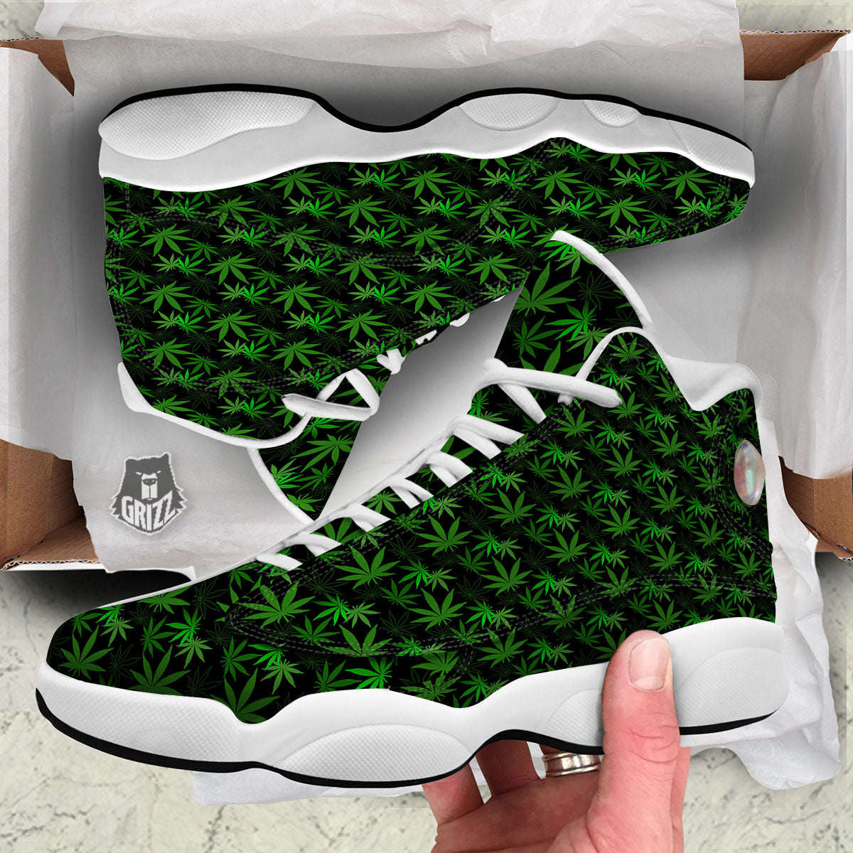 Cannabis Leaf Black And Green Print White Basketball Shoes-grizzshop