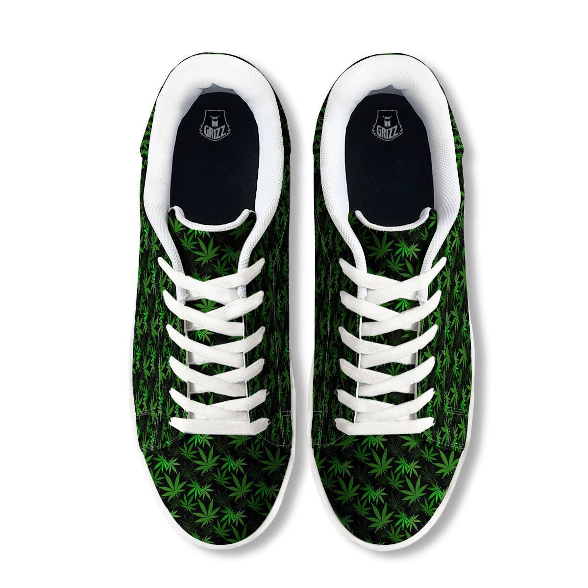 Cannabis Leaf Black And Green Print White Low Top Sneakers-grizzshop