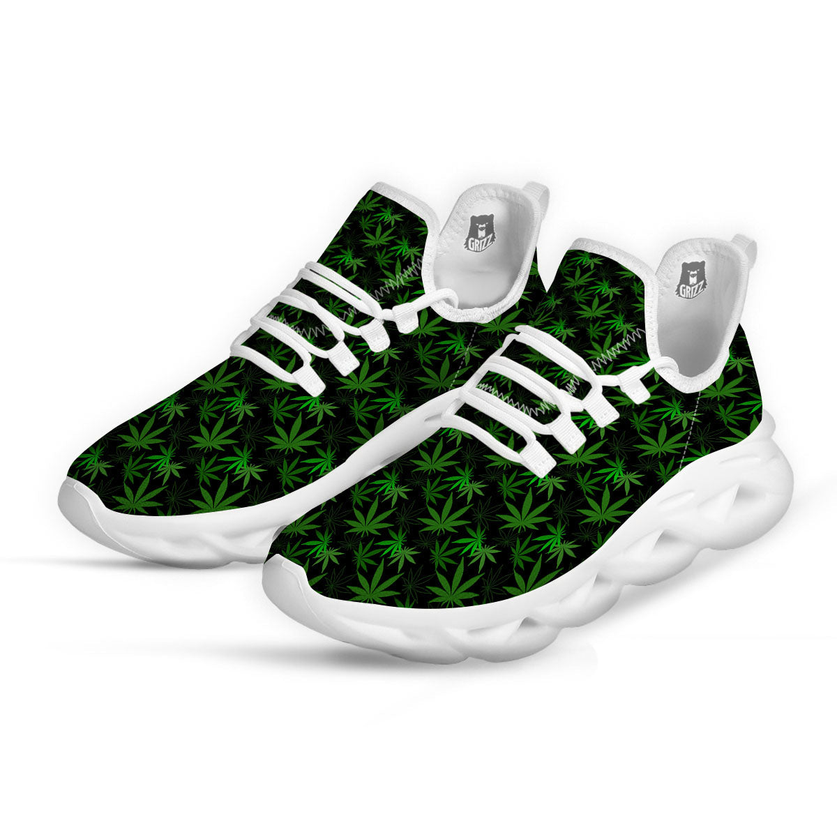Cannabis Leaf Black And Green Print White Running Shoes-grizzshop