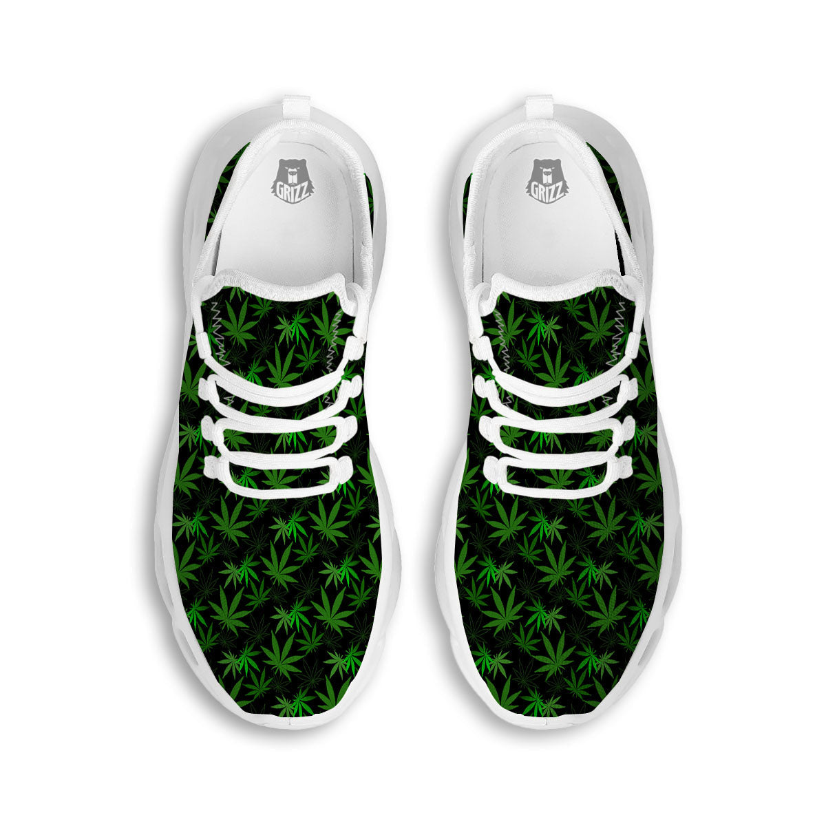 Cannabis Leaf Black And Green Print White Running Shoes-grizzshop