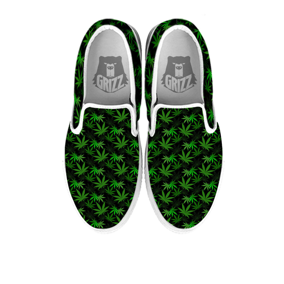 Cannabis Leaf Black And Green Print White Slip On Shoes-grizzshop