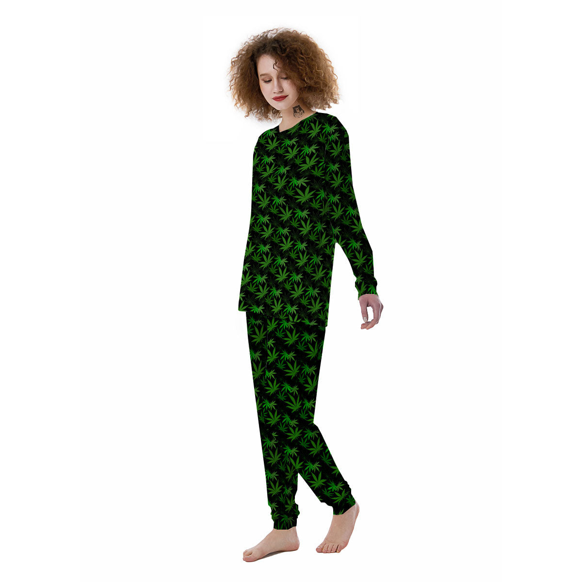 Cannabis Leaf Black And Green Print Women's Pajamas-grizzshop