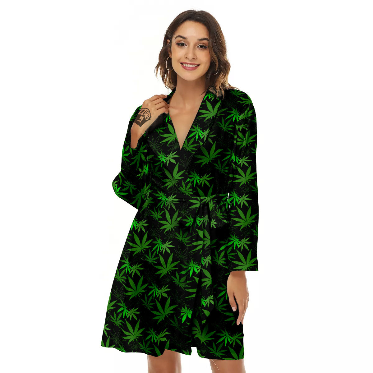 Cannabis Leaf Black And Green Print Women's Robe-grizzshop