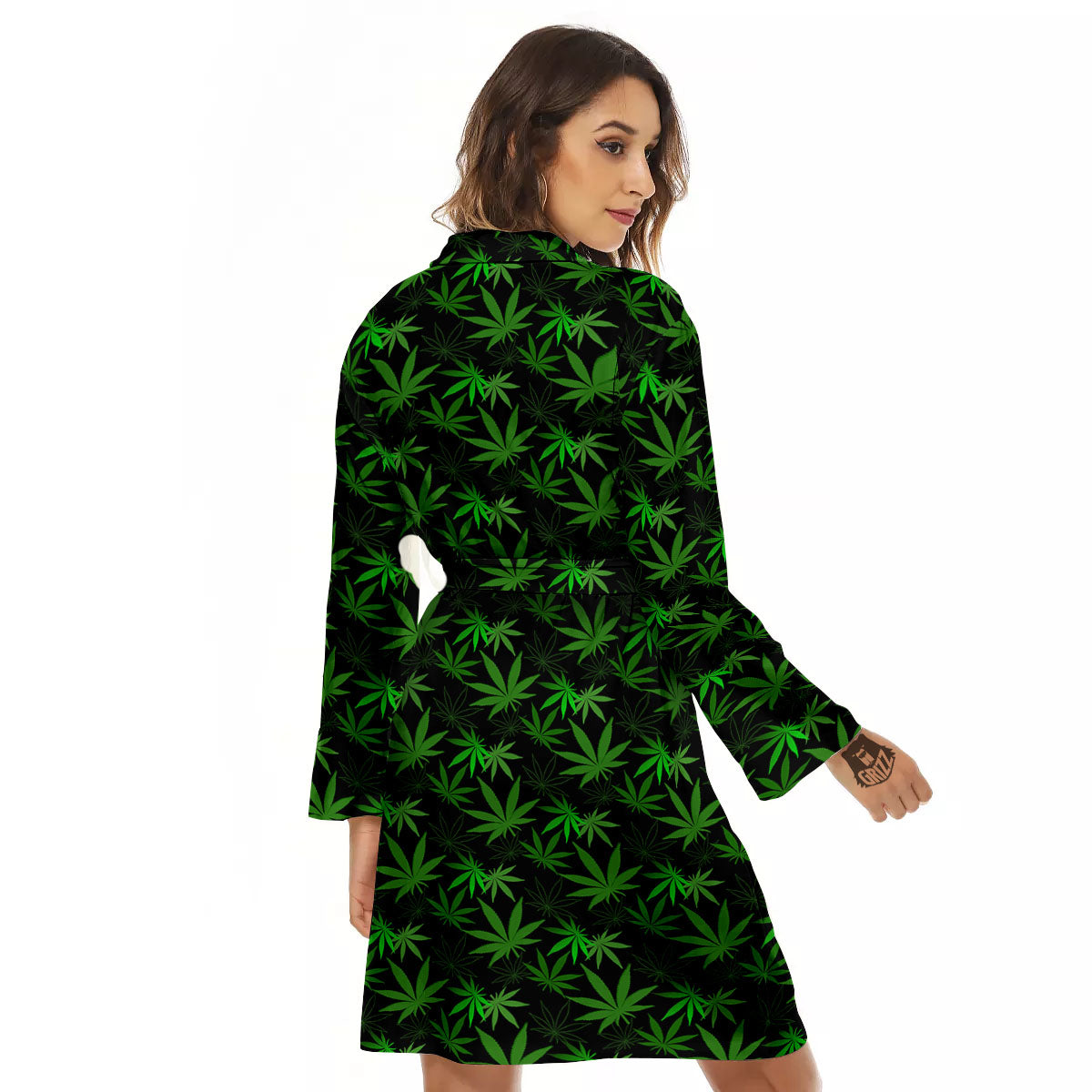 Cannabis Leaf Black And Green Print Women's Robe-grizzshop