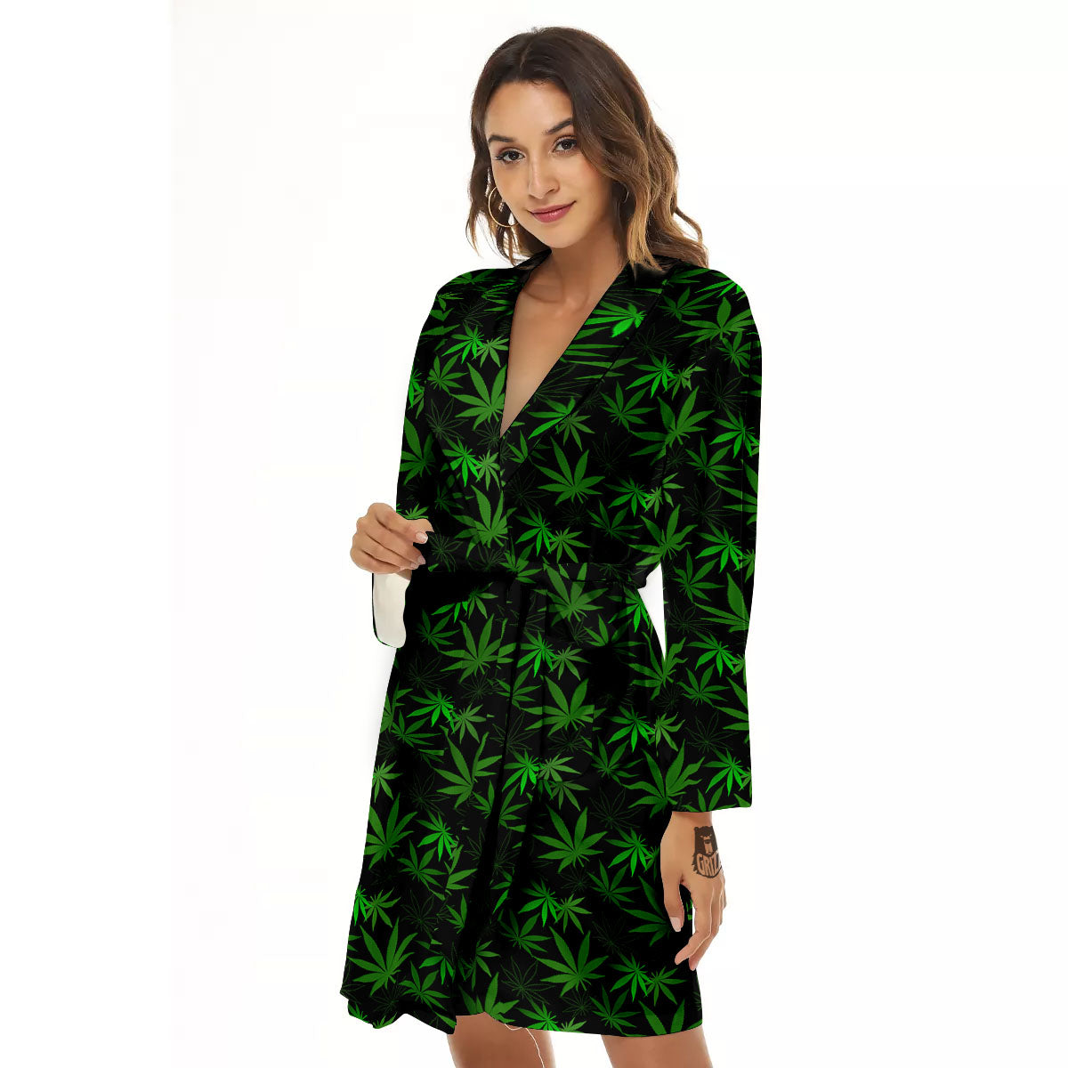 Cannabis Leaf Black And Green Print Women's Robe-grizzshop