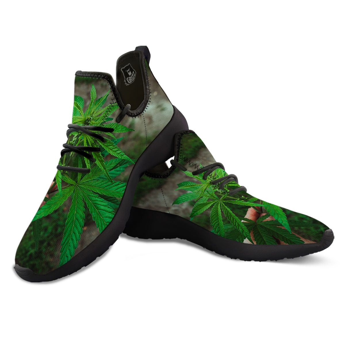 Cannabis Leaf Forest Green Print Black Athletic Shoes-grizzshop