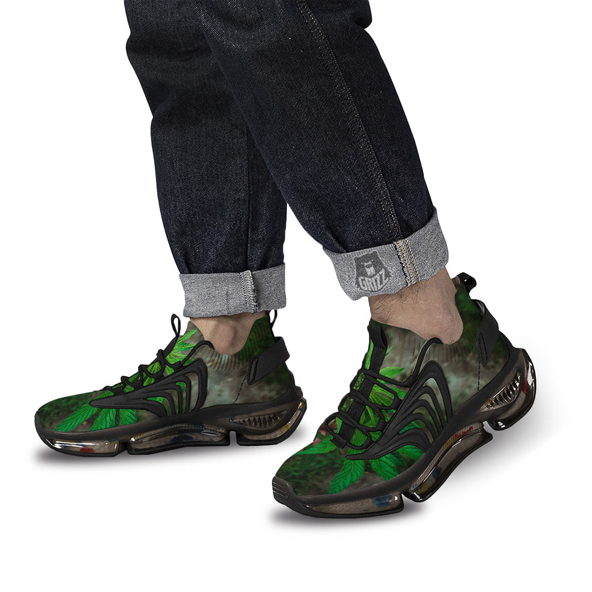 Cannabis Leaf Forest Green Print Black Gym Shoes-grizzshop
