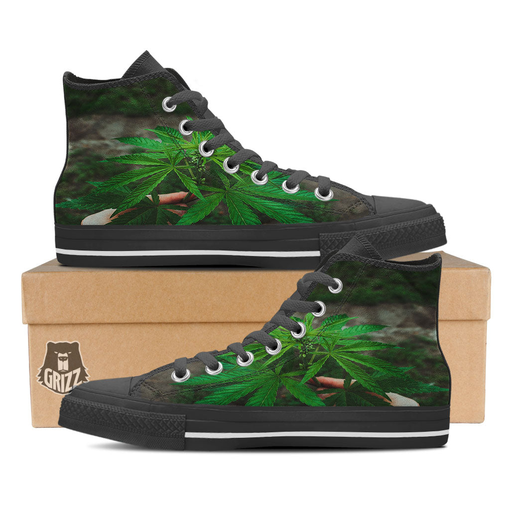 Cannabis Leaf Forest Green Print Black High Top Shoes-grizzshop