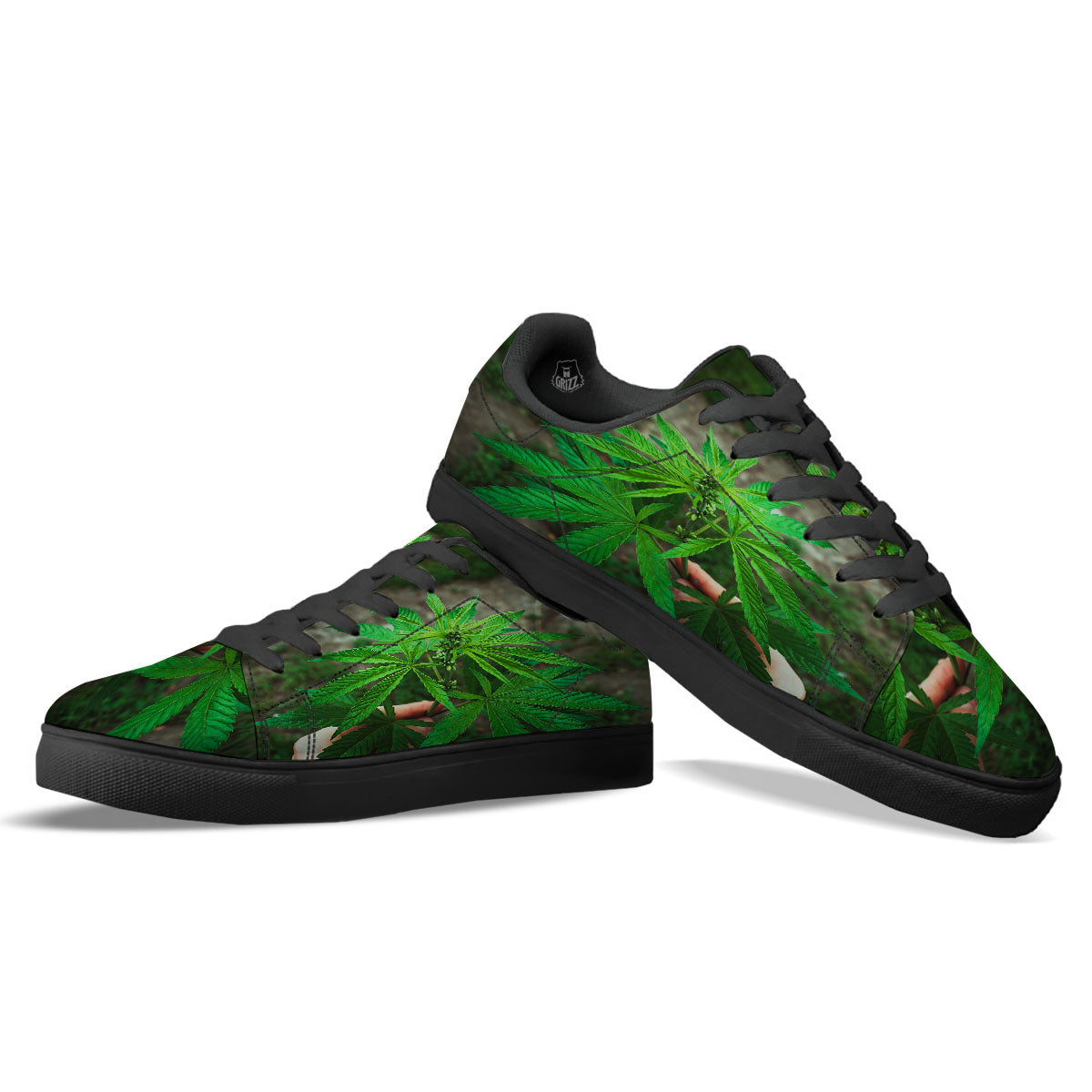 Cannabis Leaf Forest Green Print Black Low Top Sneakers-grizzshop