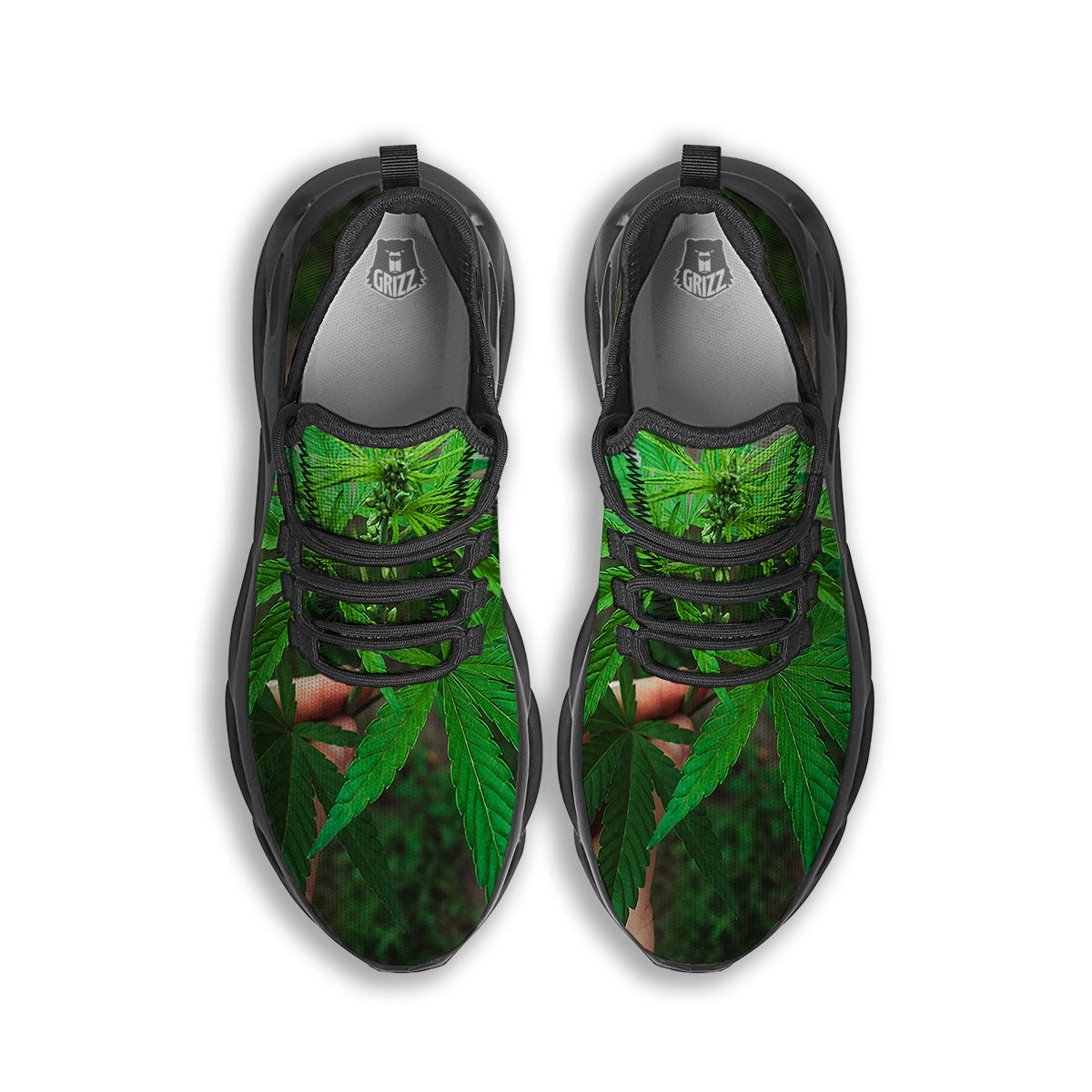 Cannabis Leaf Forest Green Print Black Running Shoes-grizzshop