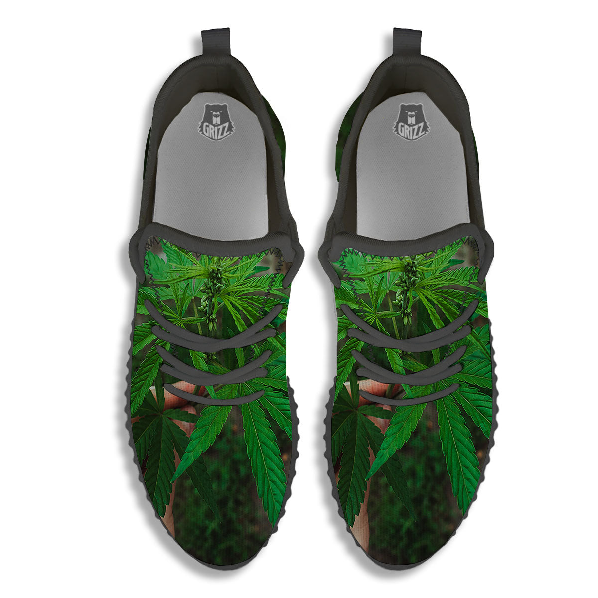Cannabis Leaf Forest Green Print Black Walking Shoes-grizzshop