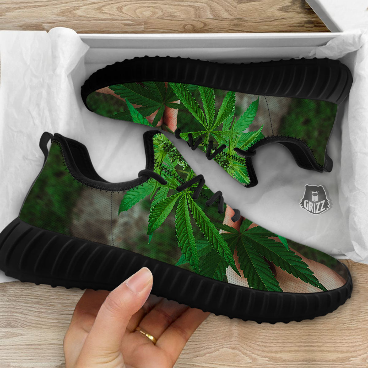 Cannabis Leaf Forest Green Print Black Walking Shoes-grizzshop