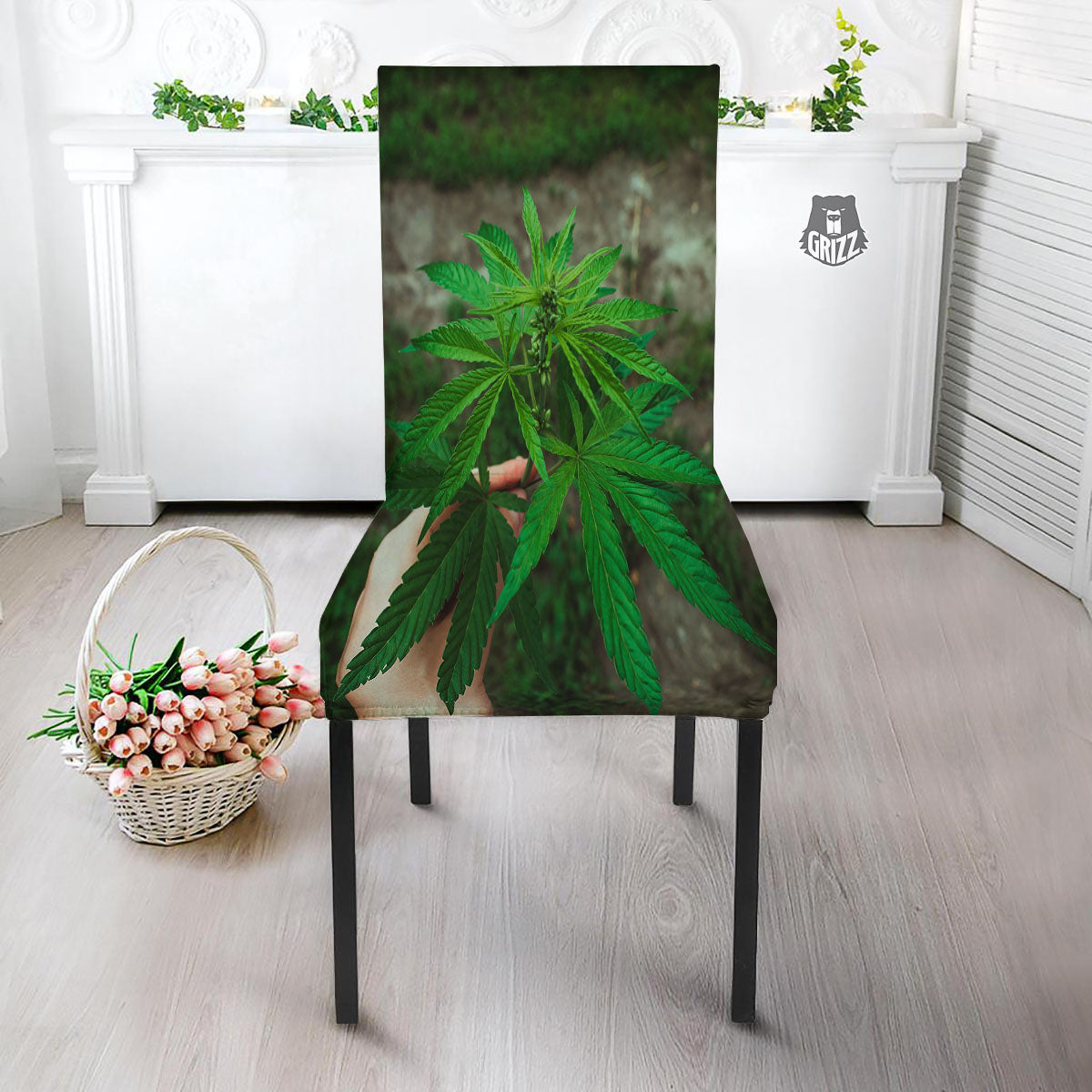 Cannabis Leaf Forest Green Print Dining Chair Slipcover-grizzshop