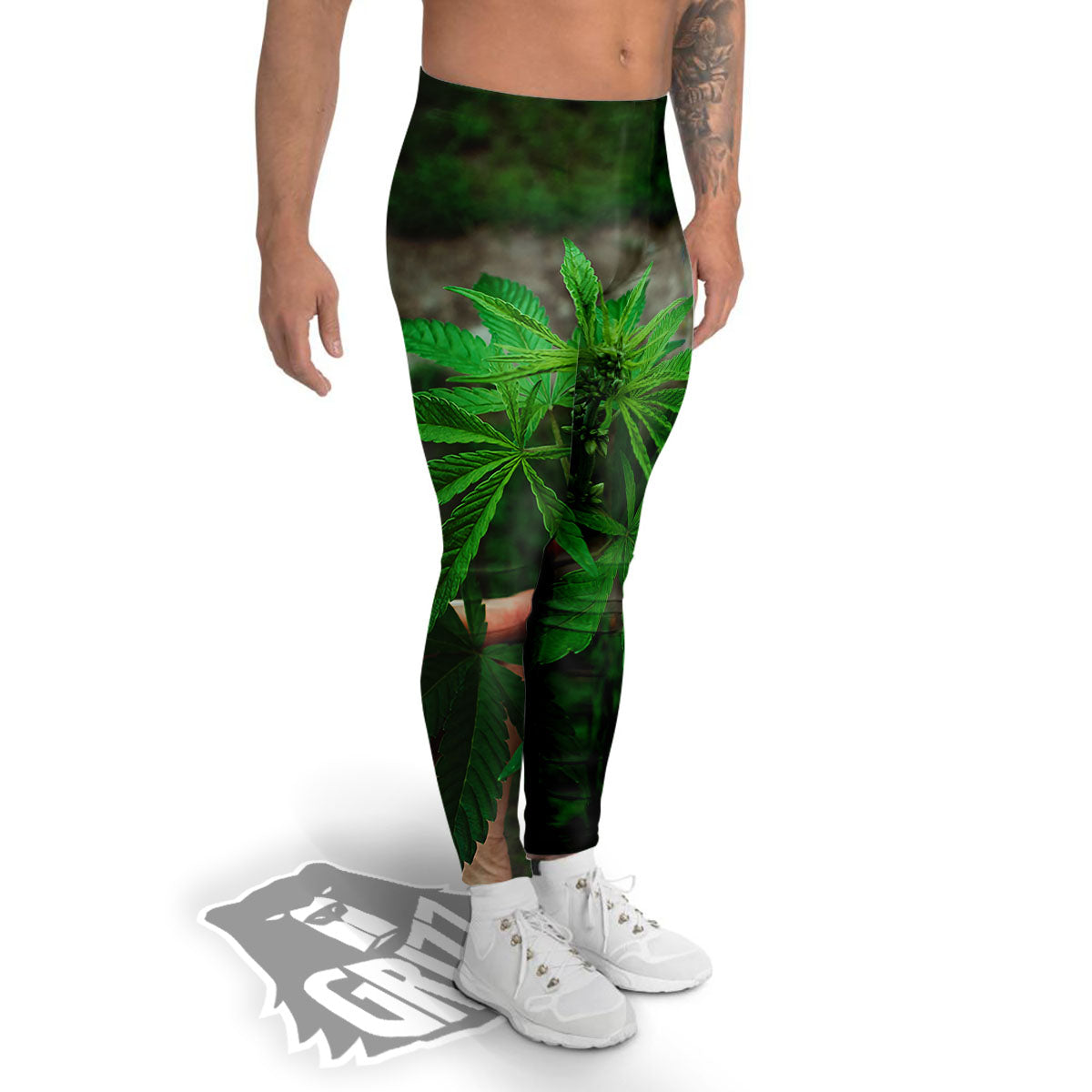 Cannabis Leaf Forest Green Print Men's Leggings-grizzshop