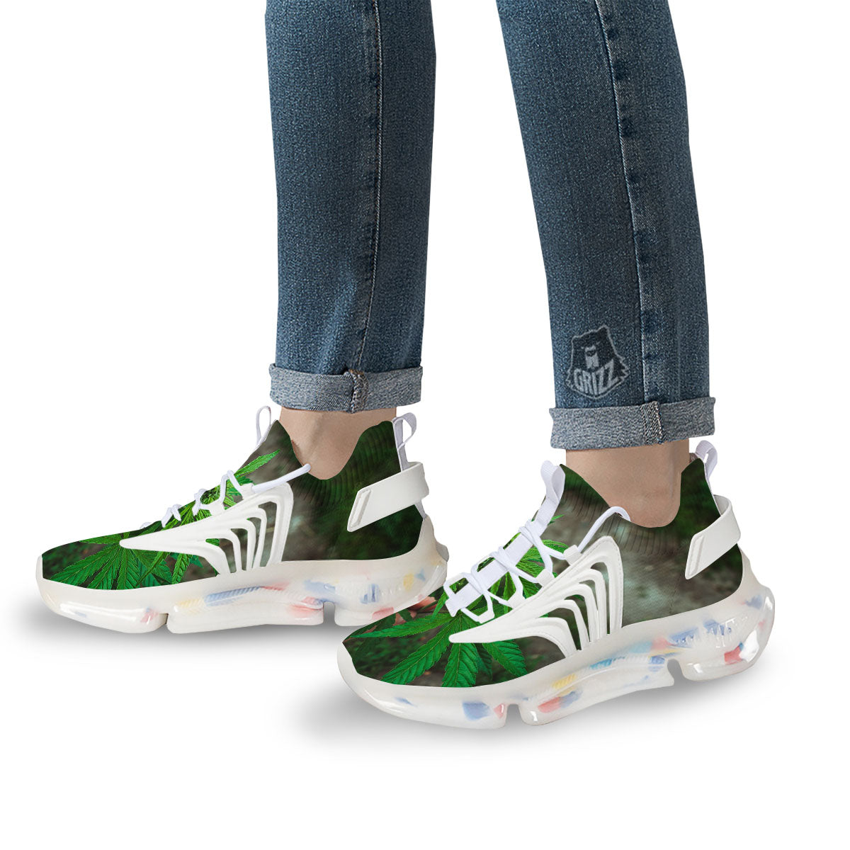 Cannabis Leaf Forest Green Print White Gym Shoes-grizzshop