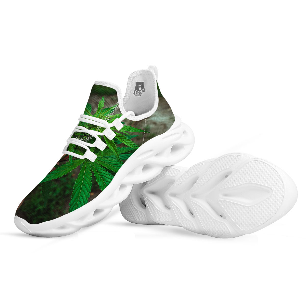 Cannabis Leaf Forest Green Print White Running Shoes-grizzshop
