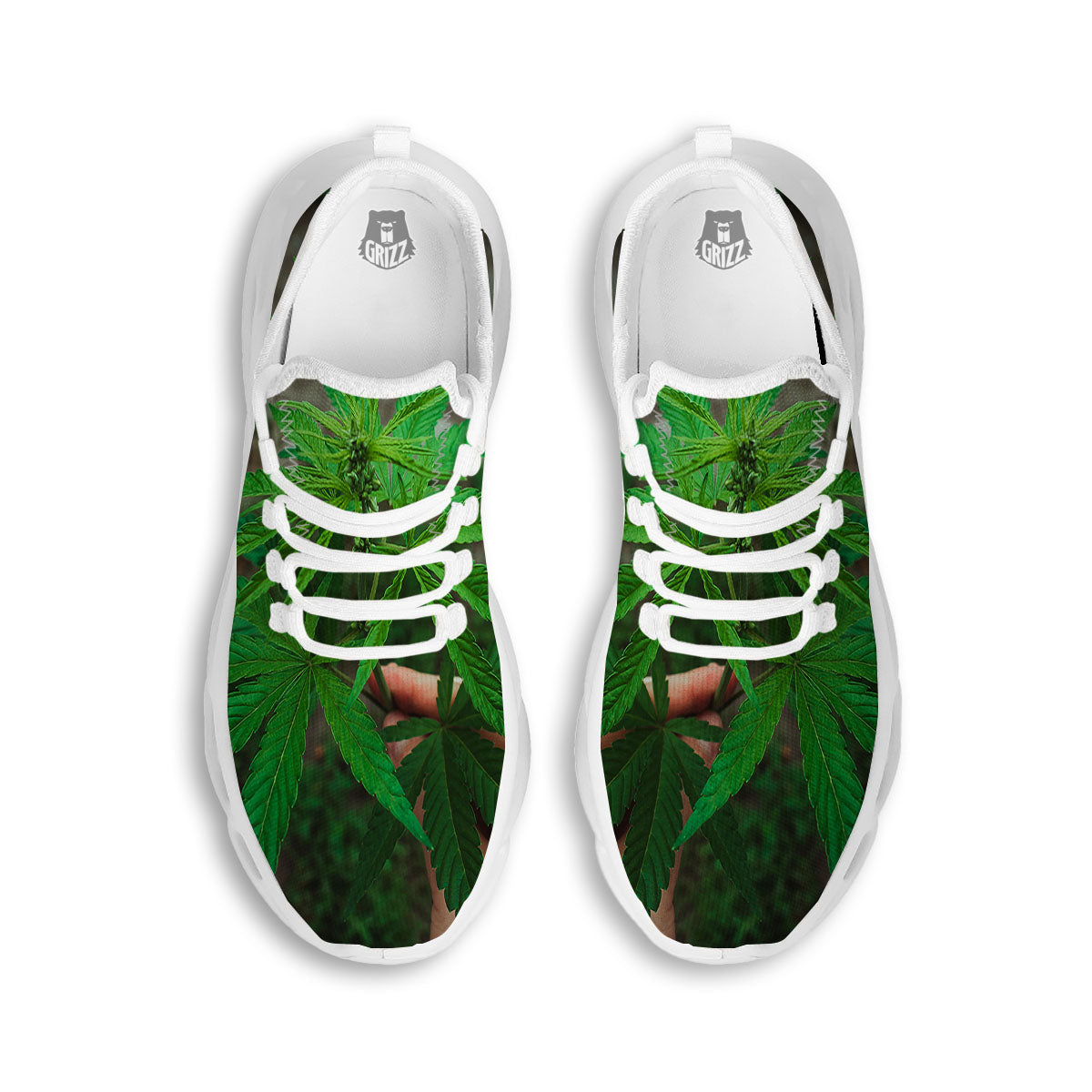 Cannabis Leaf Forest Green Print White Running Shoes-grizzshop