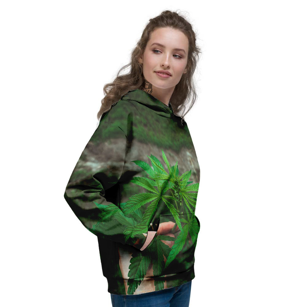 Cannabis Leaf Forest Green Print Women's Hoodie-grizzshop