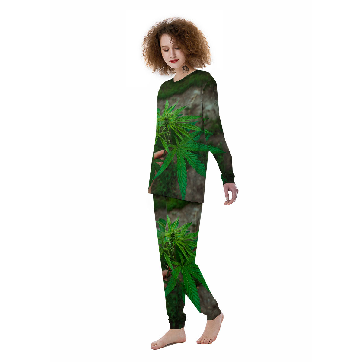 Cannabis Leaf Forest Green Print Women's Pajamas-grizzshop