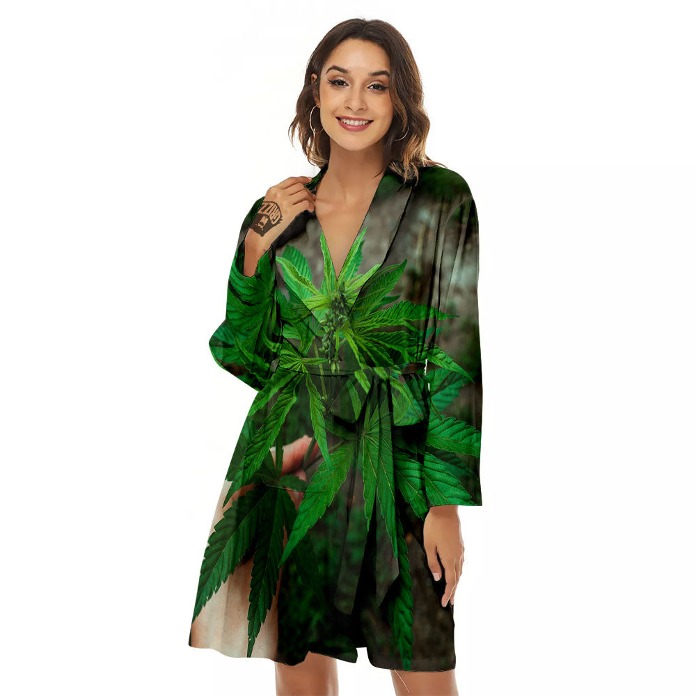 Cannabis Leaf Forest Green Print Women's Robe-grizzshop