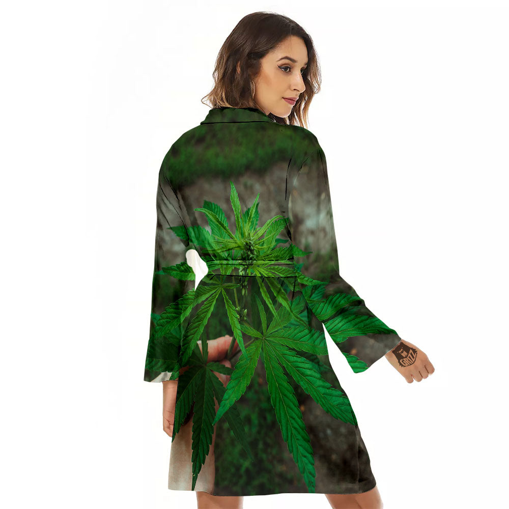Cannabis Leaf Forest Green Print Women's Robe-grizzshop