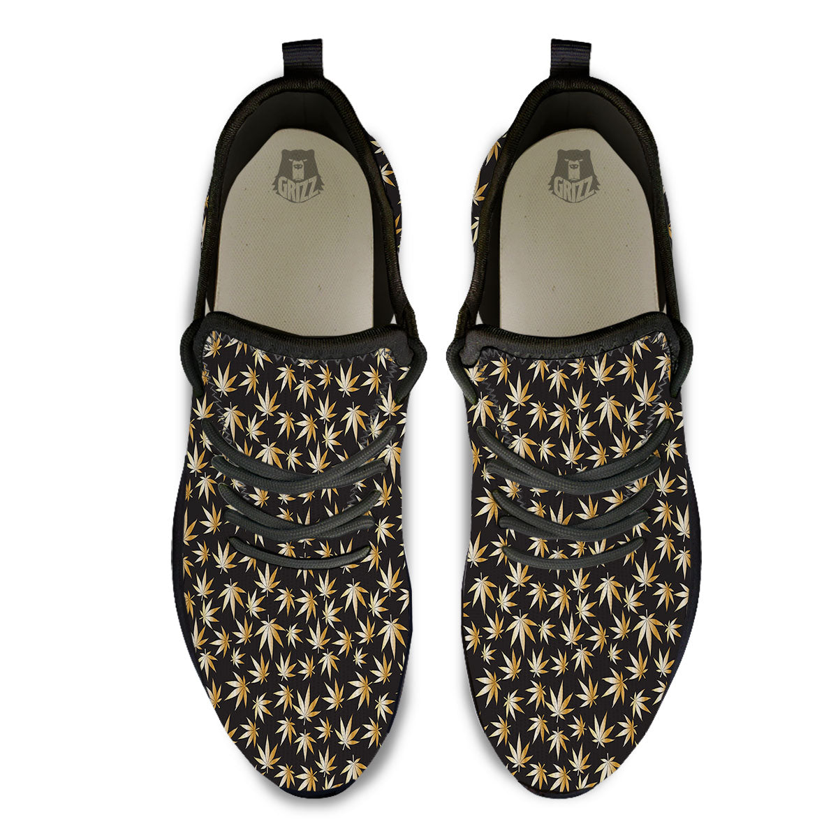Cannabis Leaf Gold Print Pattern Black Athletic Shoes-grizzshop