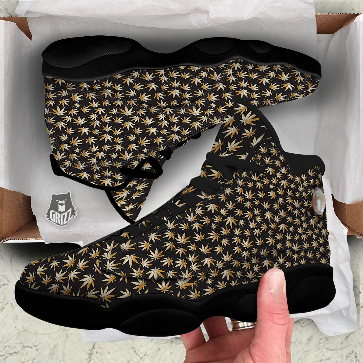 Cannabis Leaf Gold Print Pattern Black Basketball Shoes-grizzshop