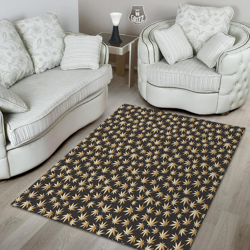 Cannabis Leaf Gold Print Pattern Floor Mat-grizzshop
