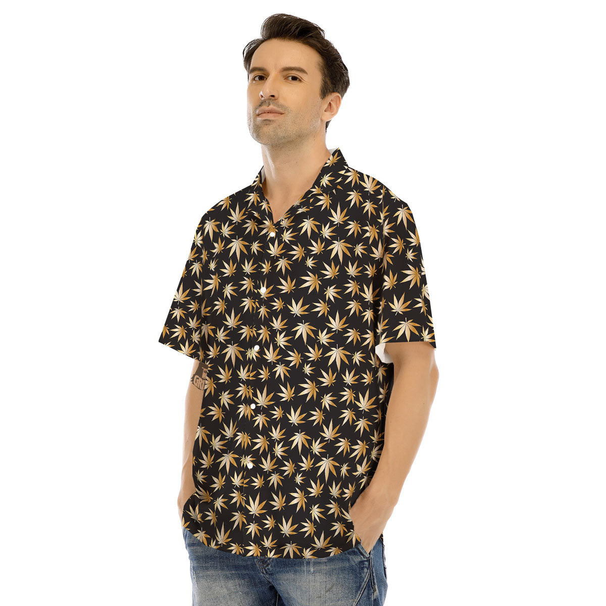 Cannabis Leaf Gold Print Pattern Men's Hawaiian Shirt-grizzshop