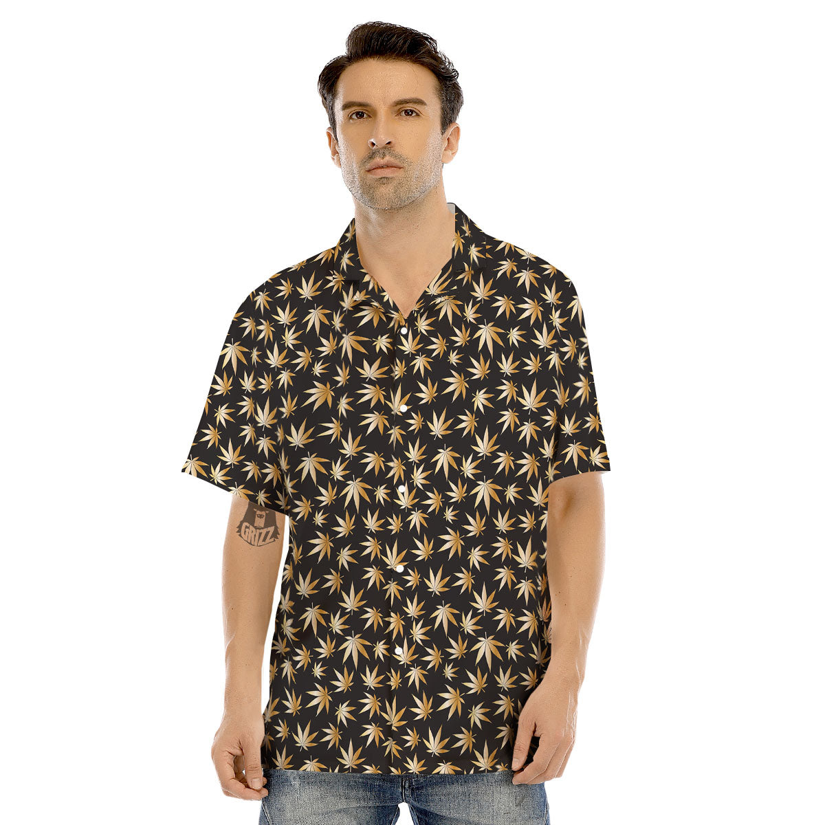 Cannabis Leaf Gold Print Pattern Men's Hawaiian Shirt-grizzshop