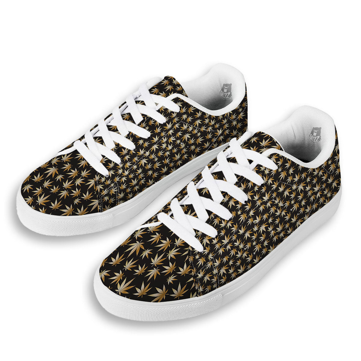 Cannabis Leaf Gold Print Pattern White Low Top Sneakers-grizzshop